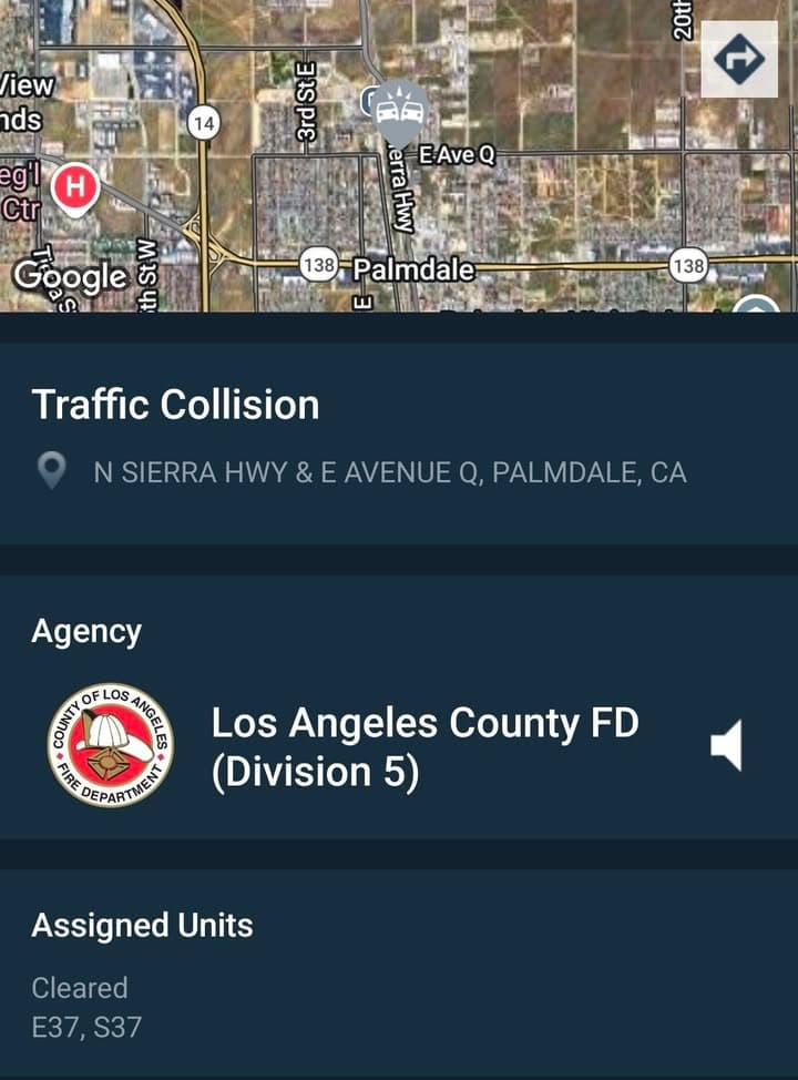 902T/902R....Sierra Highway and Avenue Q....solo vehicle rollover....sheriff and FD enroute code 3...