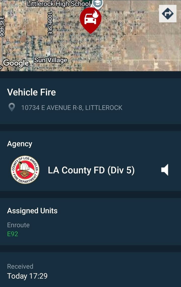 904A....107th Street East and Avenue R-8....vehicle on fire in front of house....sheriff...