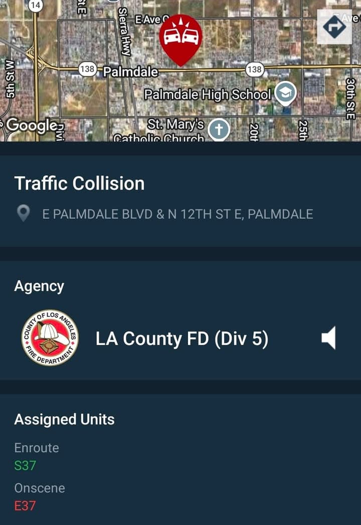 902T/902R.....12th Street East and Palmdale Boulevard....vehicle vs pole....sheriff and FD enroute code...