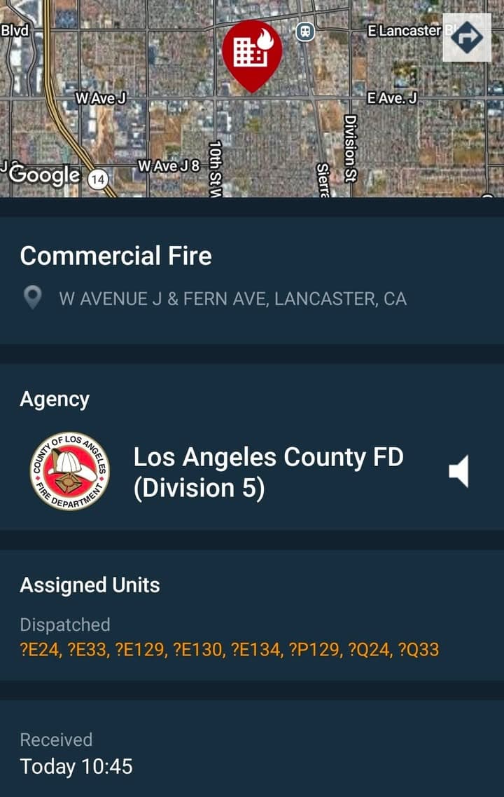 Deputy has visual of a commercial building on fire at 807 West Avenue J · requesting FD and additional units code 3