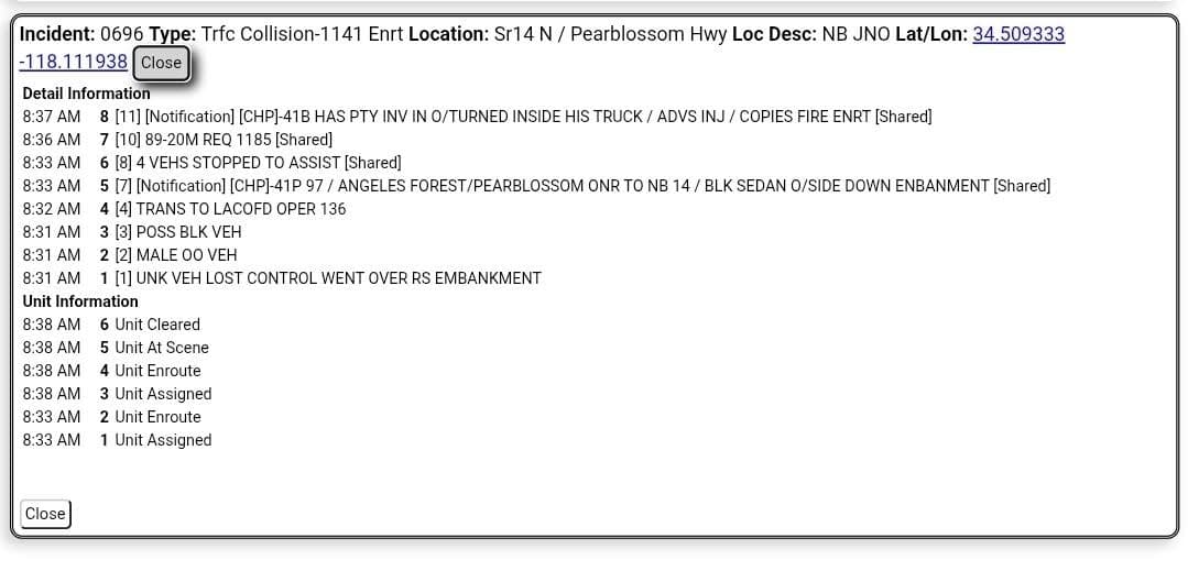 11-79 · North 14 at Pearblossom · solo vehicle lost control and went over embankment · CHP and FD enroute code 3