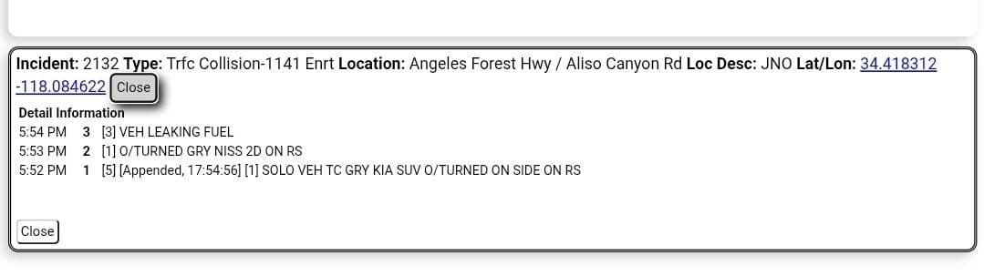 11-79 · Angeles Forest and Aliso Canyon · solo vehicle overturned · CHP and FD enroute code 3