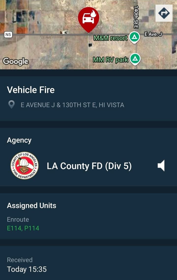 Vehicle fire · 130th Street East and Avenue J · reported vehicle on fire · FD enroute code 3
