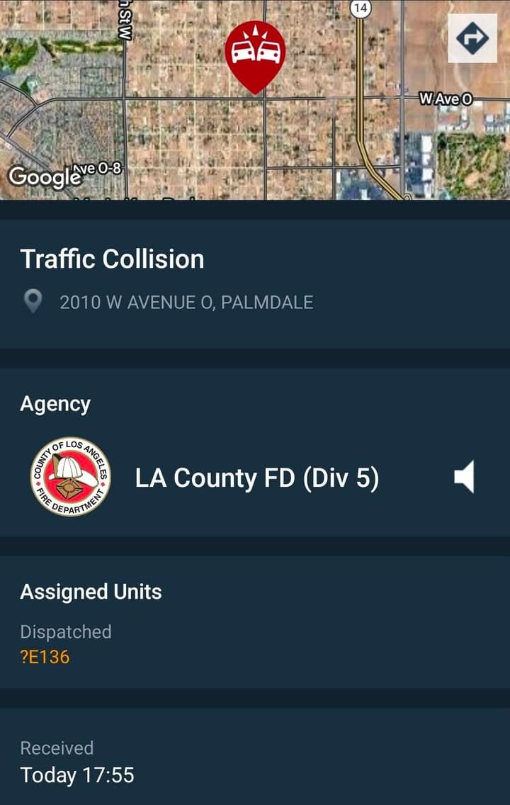 902T/902R/914C · Avenue O and 20th Street West · two vehicle collision, one party possibly trapped · CHP, sheriff and FD enroute code 3