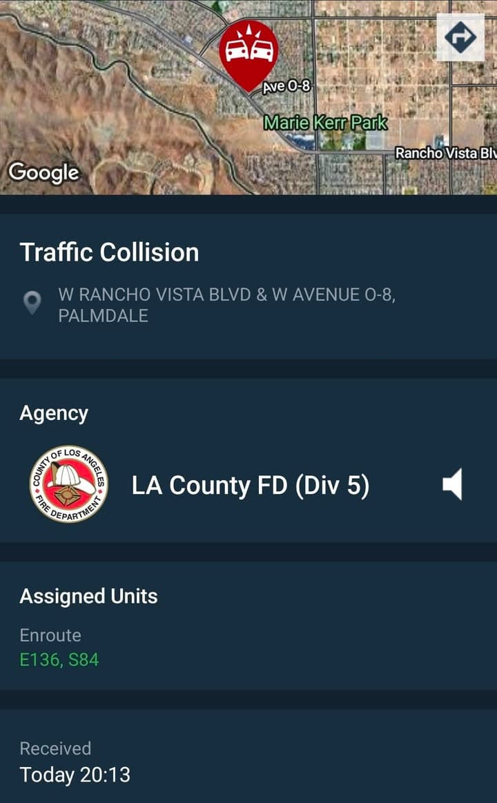 901T/902R · Rancho Vista Blvd and Avenue O-8 · vehicle vs pole · sheriff and FD enroute code 3