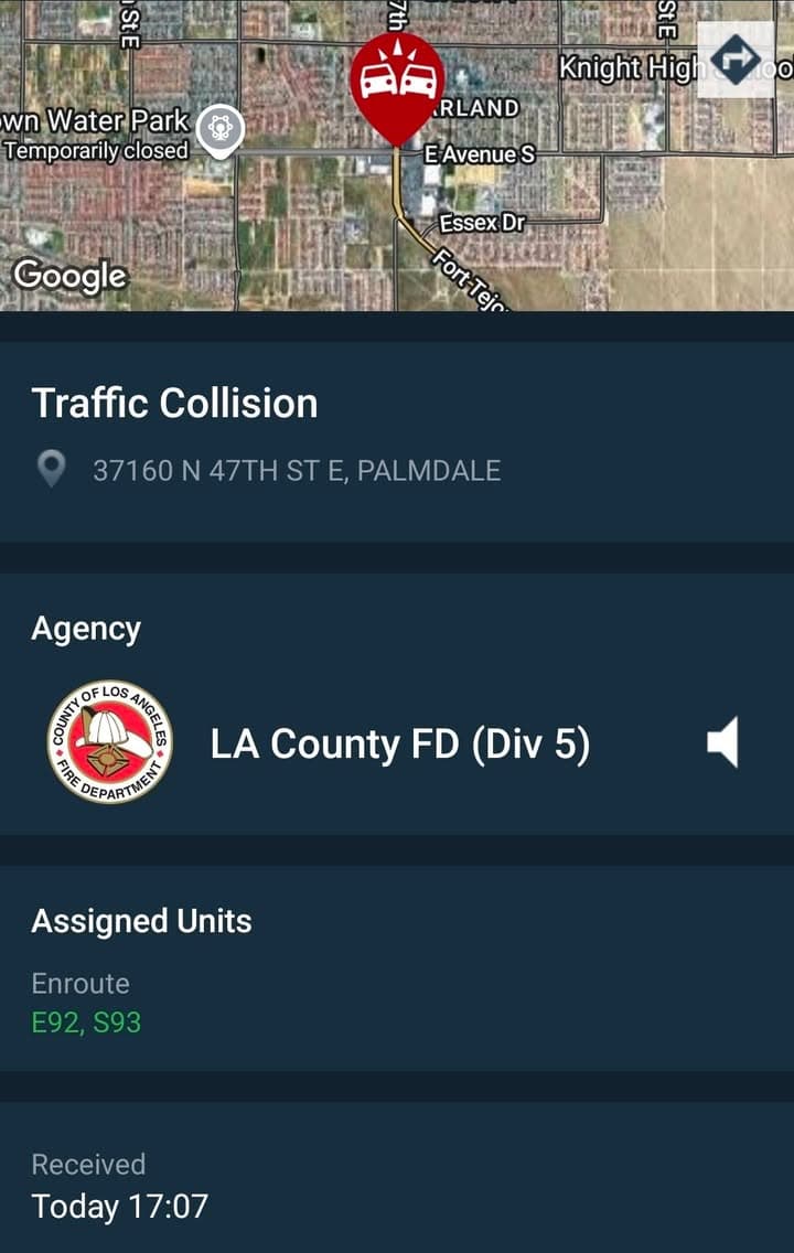 902T/902R · 47th Street East and Avenue S · vehicle bs scooter rider · sheriff and FD enroute code 3