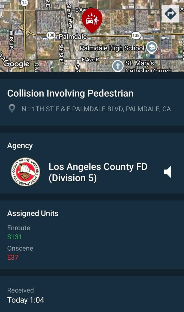 902T/902R · 11th Street East and Palmdale Boulevard · vehicle vs pedestrian · sheriff and FD enroute code 3
