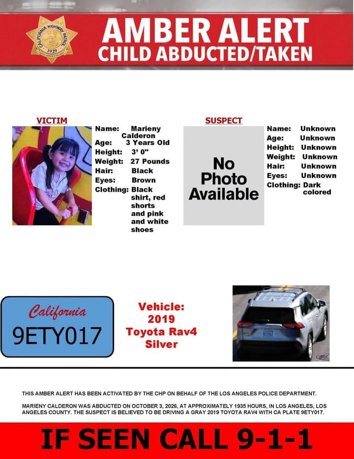 AMBER ALERT - Los Angeles, Riverside, Orange and San Bernardino Counties