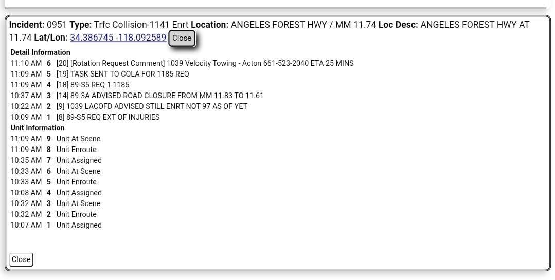 11-79 · Angeles Forest Hwy at mile marker 9.98 · motorcycle down · CHP and FD enroute code 3