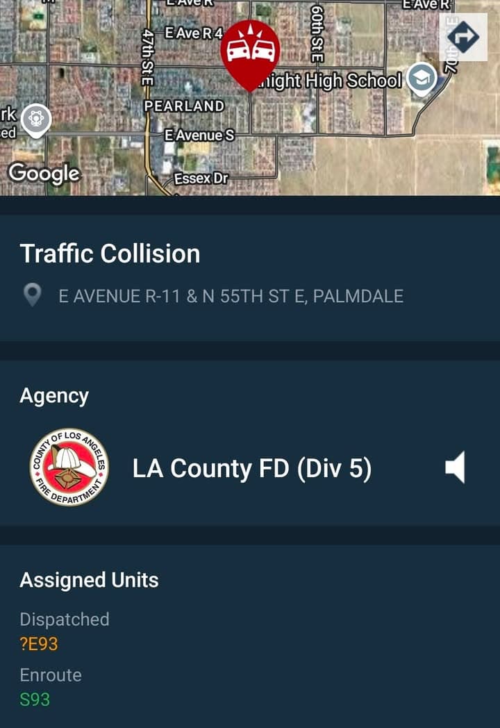 902T/902R · 55th Street East and Avenue R-11 · two vehicle collision · sheriff and FD enroute code 3