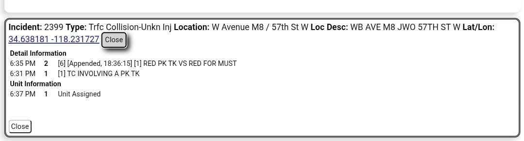 11-83 · Avenue M-8 and 57th Street West · red pickup vs red Mustang, unknown if injuries · CHP enroute