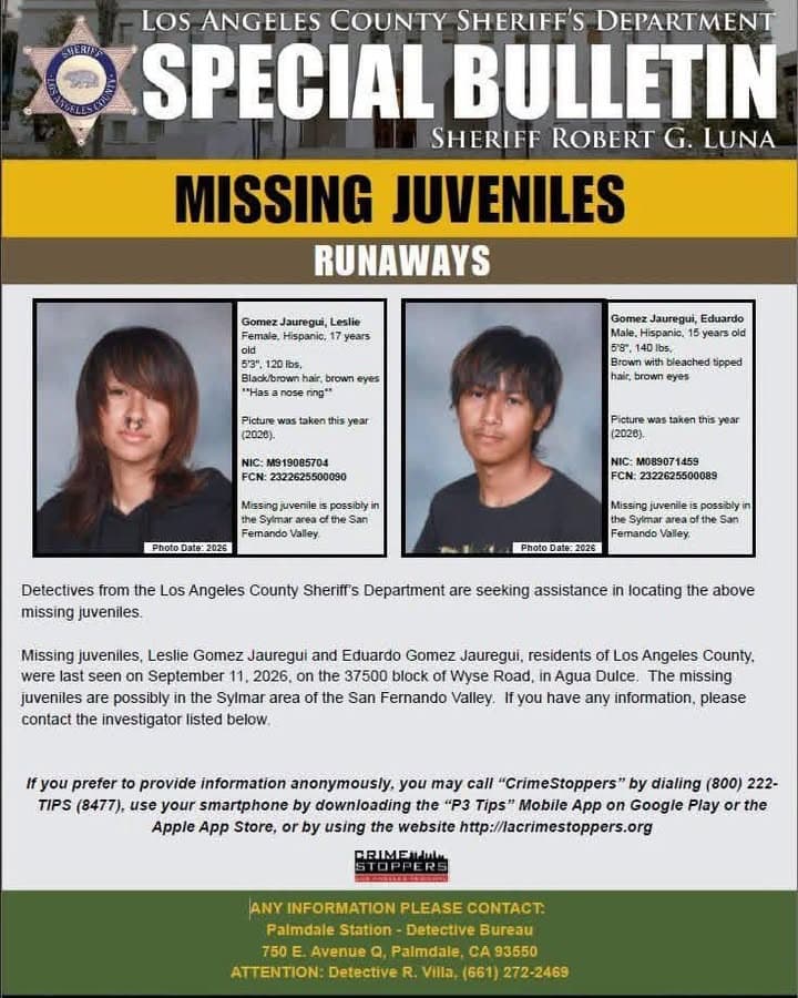 Detectives from the Los Angeles County Sheriff’s Department – Palmdale Sheriff's Station are seeking assistance in locating the missing juveniles.