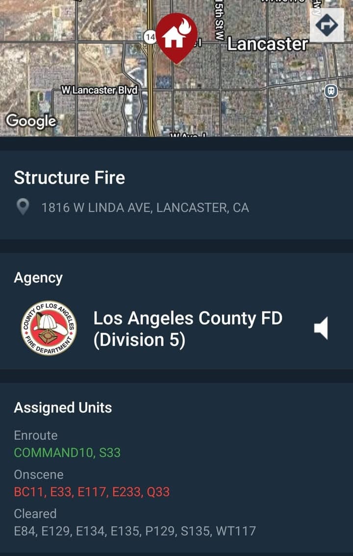 904S · 20th Street West and Avenue I (Linda Ave) · house on fire · sheriff and FD enroute code 3