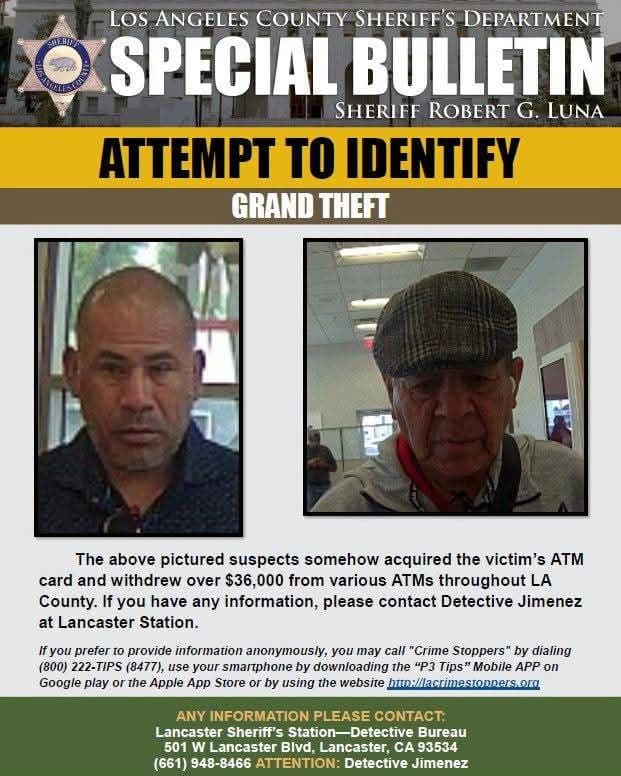 Lancaster Sheriff's Station detectives are seeking the public's assistance in identifying the two individuals pictured.