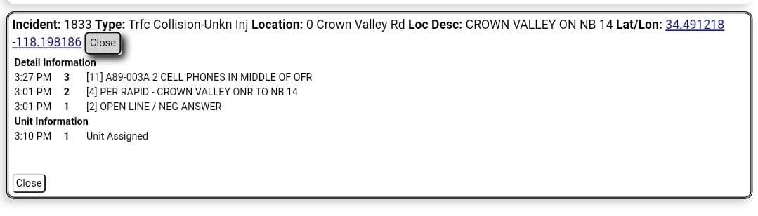 11-83 · northbound 14 and Crown Valley Road  · phone crash notification, open line no response · CHP enroute