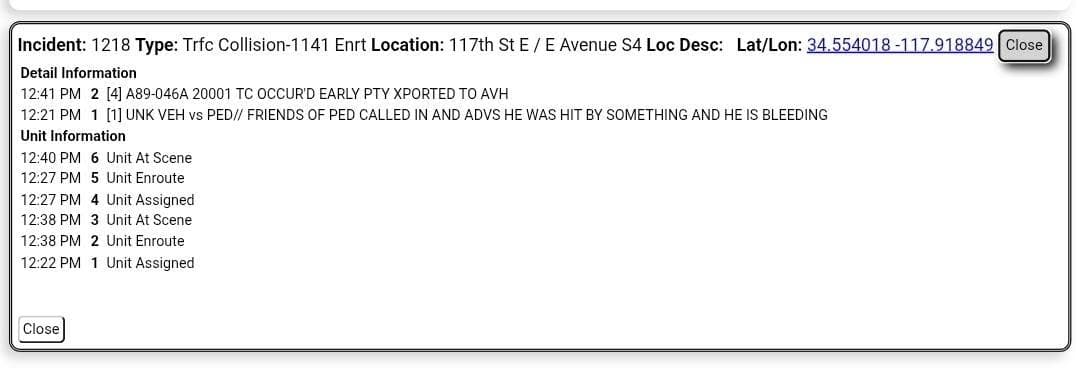 11-79 · 117th Street East and Avenue S-4 · vehicle vs pedestrian, friends of pedestrian calling stating he is bleeding · CHP and FD enroute code 3