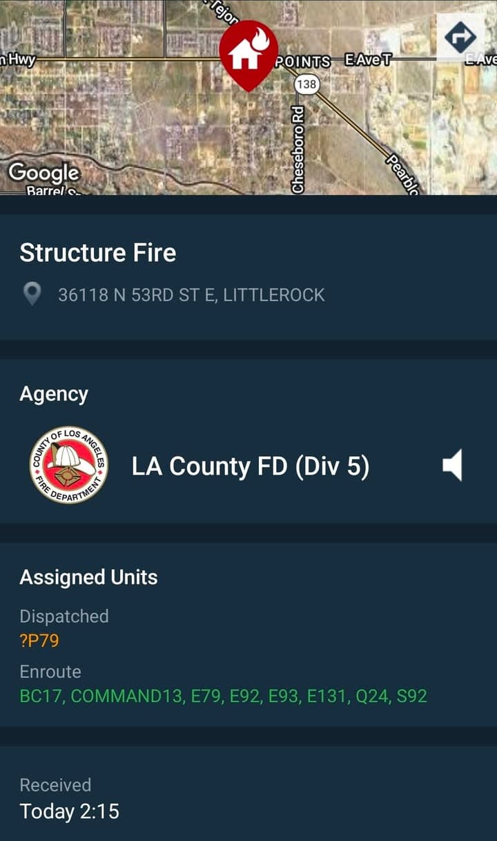 904S · 53rd Street East and Avenue T-4 · reported house on fire · sheriff and FD enroute code 3