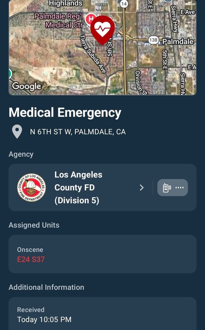 902R · 6th Street West and Avenue Q-10 · 11 month old choking on cereal · sheriff and FD enroute code 3