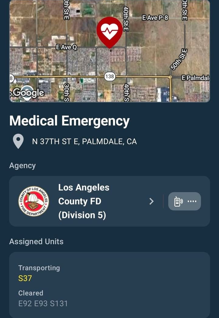 245GSV · 37th Street East and Avenue Q (Frontier) · caller states male came to house asking for help after being shot · sheriff and FD enroute code 3