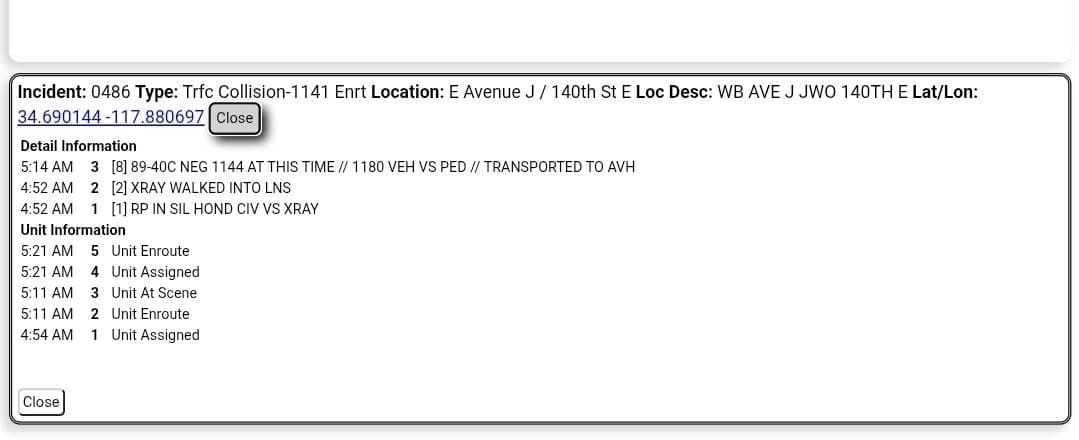11-79 · Avenue J and 140th Street East · vehicle vs pedestrian · CHP and FD enroute code 3