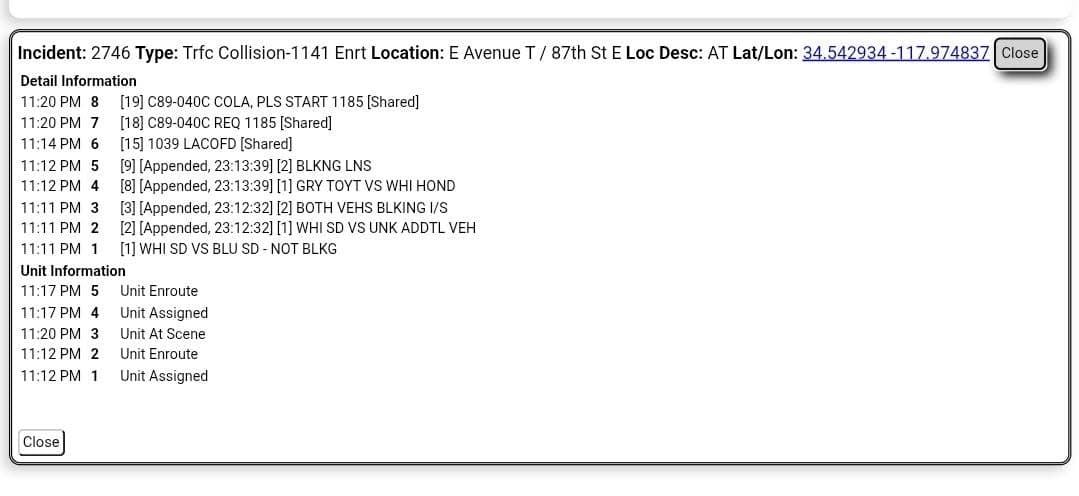 11-79 · 87th Street East and Avenue T · two vehicle collision, white sedan vs blue sedan · CHP and FD enroute code 3