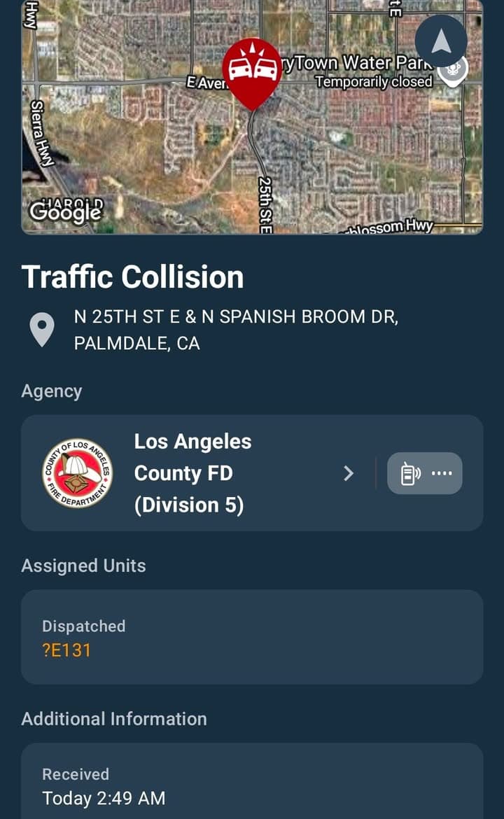 902T/902R · 25th Street East and Spanish Broom Drive · two vehicle collision · sheriff and FD enroute code 3