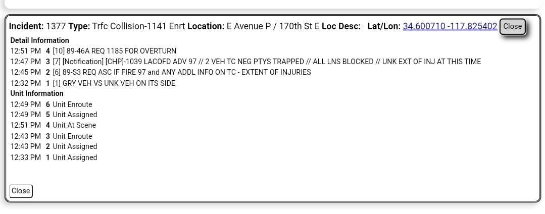 11-79 · 170th Street East and Avenue P · two vehicle collision, one vehicle on its side · CHP and FD enroute code 3