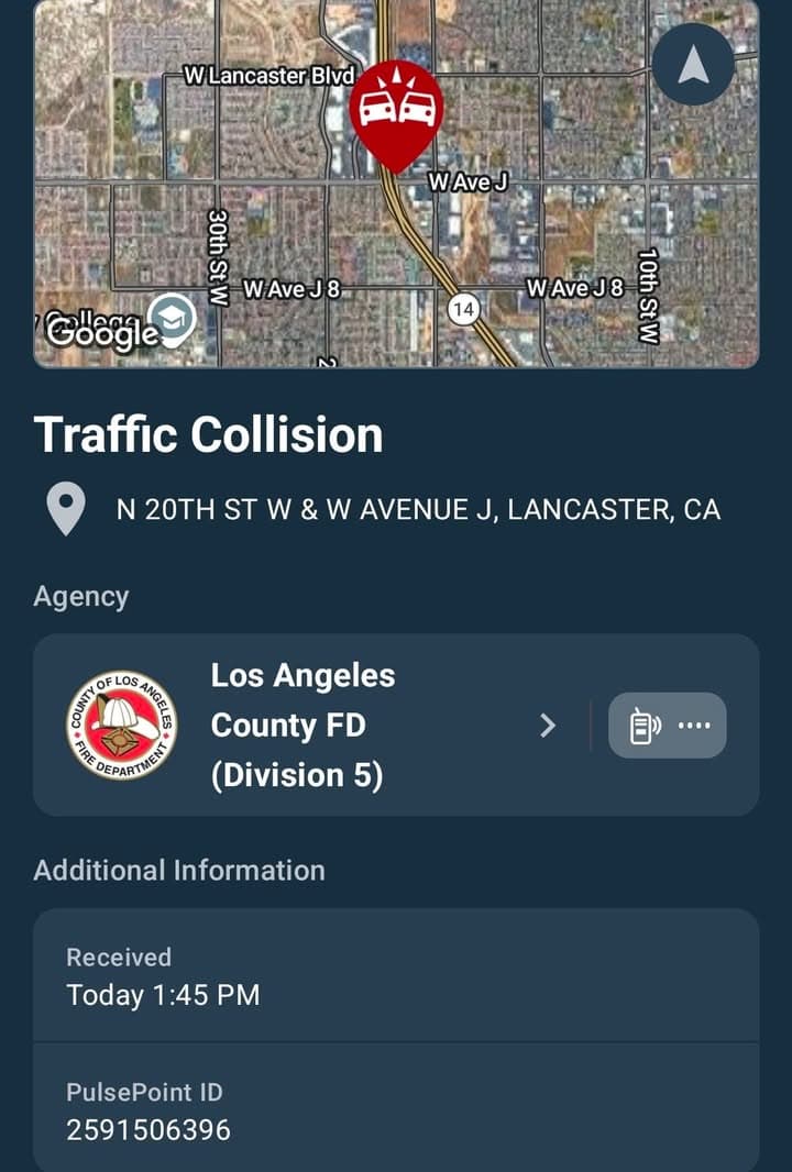 20th Street West and Avenue J · Two vehicle collision blocking traffic · LPD and FD enroute code 3
