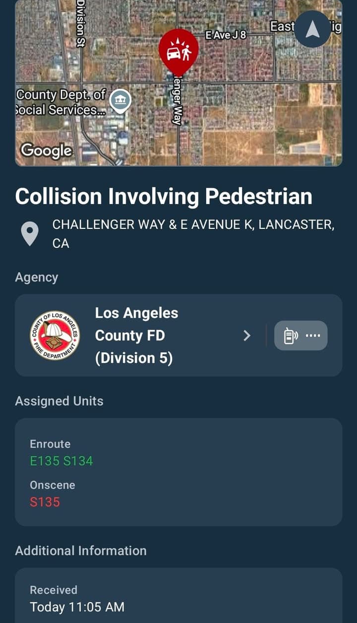 901T/902R · Challenger Way and Avenue K · vehicle vs child · child unresponsive on sidewalk · sheriff, FD and LPD enroute code 3