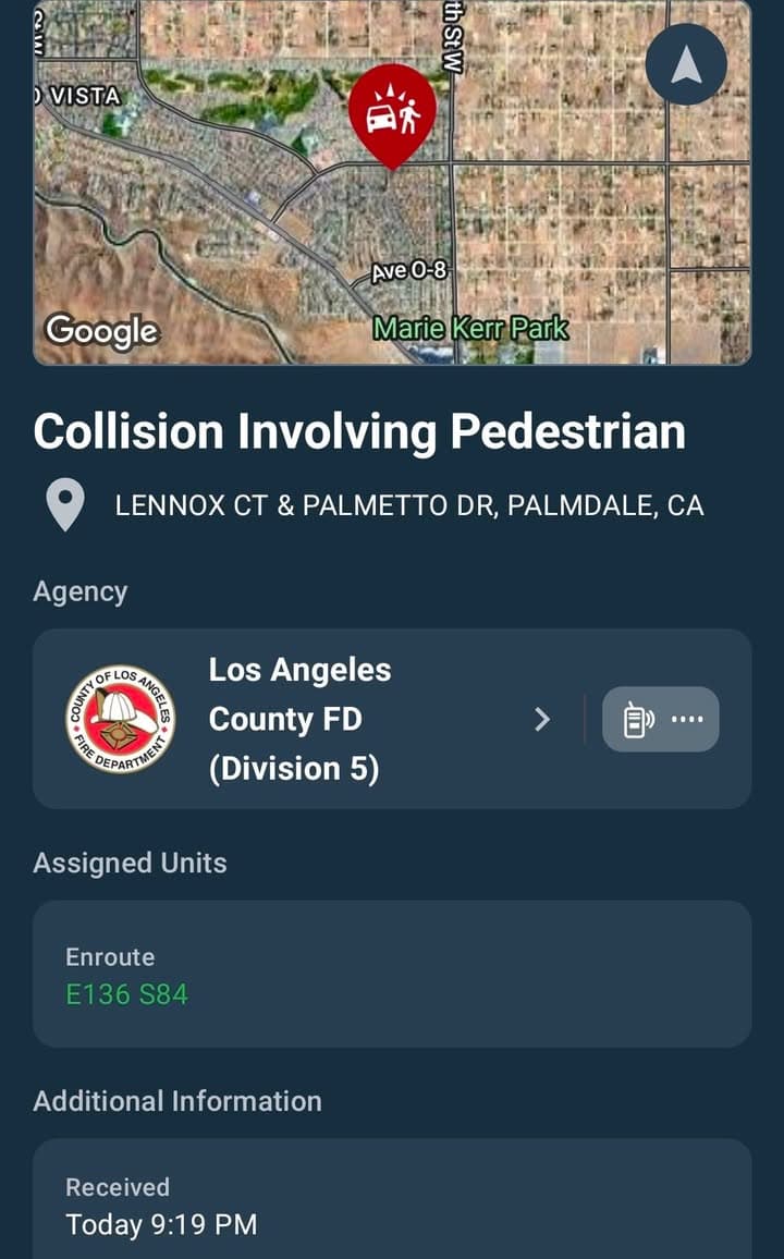 902T/902R · 30th Street West and Avenue O (Lemmox and Palmetto) · vehicle vs pedestrian · sheriff and FD enroute code 3