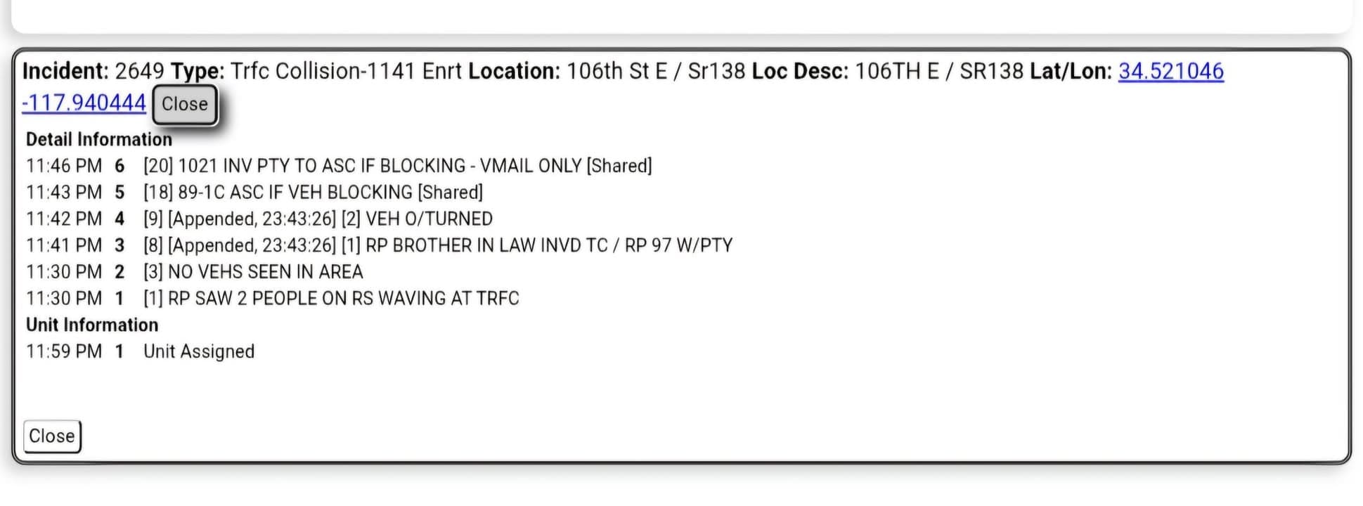 11-79 · 106th Street East and Pearblossom Highway · solo vehicle overturned · CHP and FD enroute code 3