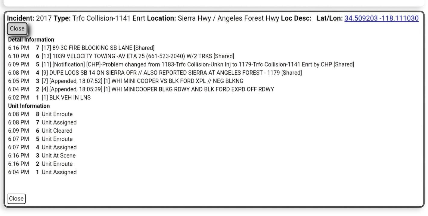 11-79 · Sierra Highway and Angeles Forest · white mini Cooper vs black Ford Explorer · CHP and FD enroute code 3