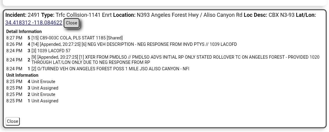 11-79 · Angeles Forest and Aliso Canyon · solo vehicle rollover, reported 1 mile south of Aliso Canyon · CHP and FD enroute code 3