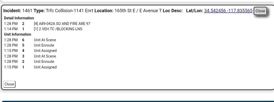 11-79 · 165th Street East and Avenue T · two vehicle collision · CHP, FD, and sheriff enroute code 3