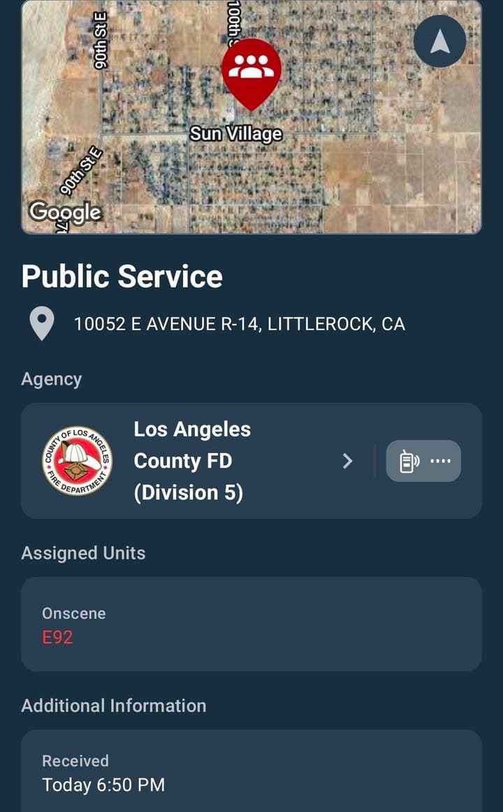 911B · 100th Street East and Avenue R-14 · LACoFD requesting sheriff respond for a child who locked himself in handcuffs · sheriff enroute