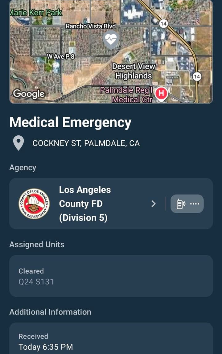 211/245 · Avenue P-6 and Summerwind · juvie stabbed in an attempted robbery · sheriff and FD enroute code 3