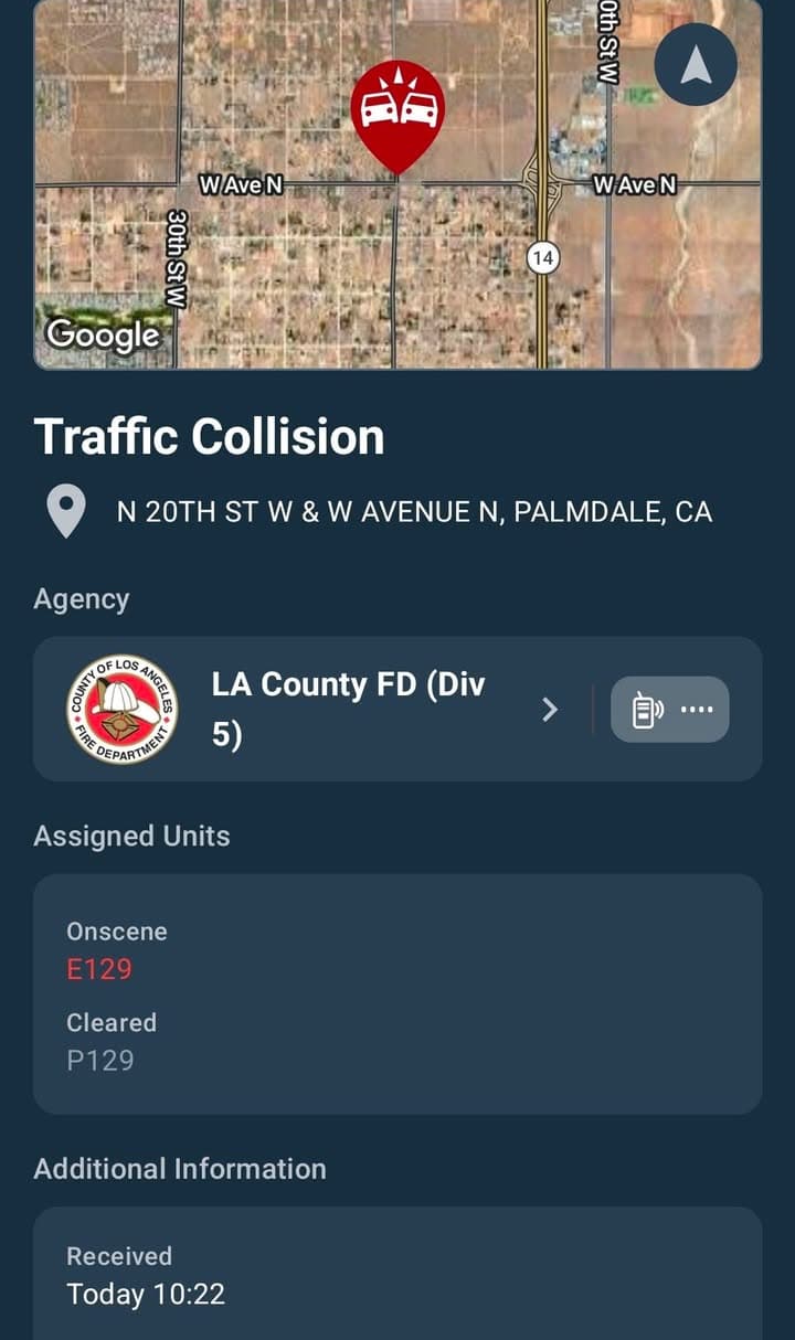 902T/902R/914C · 20th Street West and Avenue N · two vehicle collision · sheriff, FD, and CHP enroute code 3