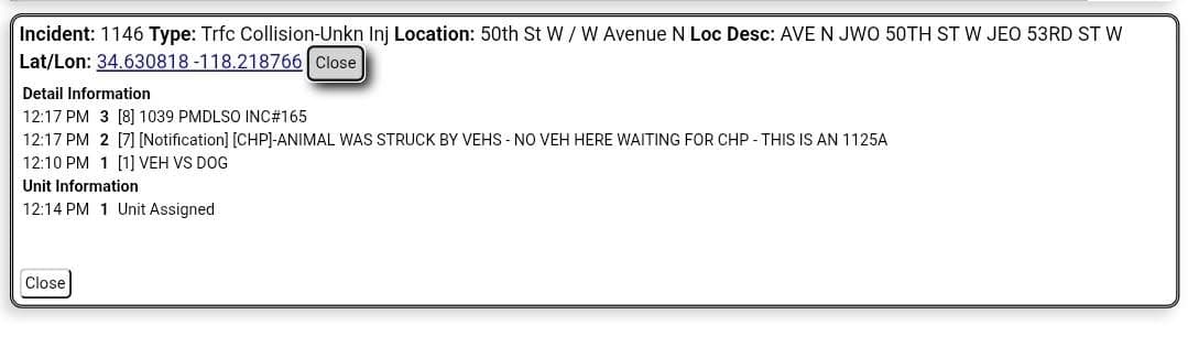 11-83 · Avenue N between 50th and 53rd Street West · callers state either dog or coyote struck by vehicles, appears to still be alive · CHP, animal control and sheriff enroute