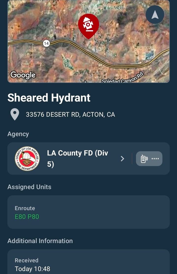 11-83 · Sierra Highway and Santiago Road (Desert Rd) · solo vehicle into fire hydrant · CHP and FD enroute