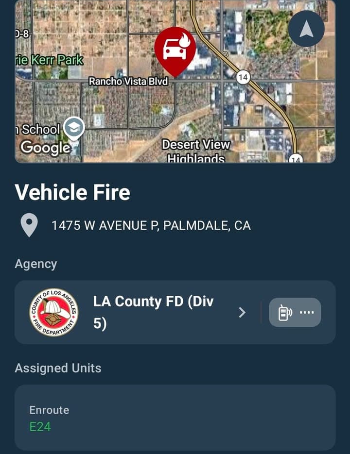 904A · 1475 Rancho Vista Blvd at Cinemark · vehicle on fire in parking lot · sheriff and FD enroute code 3