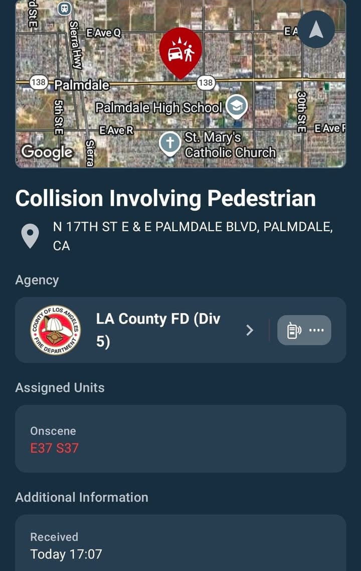 902T/902R · Palmdale Boulevard between 17th and 20th Streets East · vehicle vs pedestrian, possible injuries · sheriff and FD enroute code 3