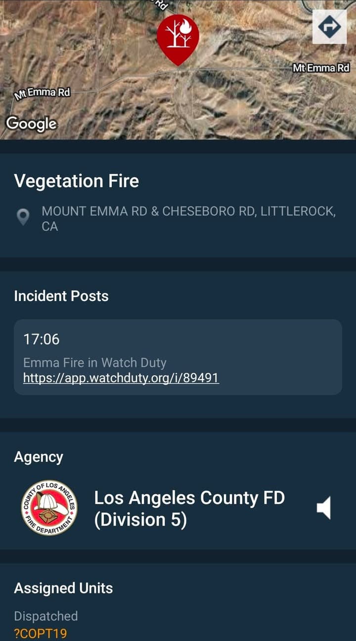 Brush fire....Mt Emma Road and Cheseboro Road....fire in desert....FD enroute code 3...