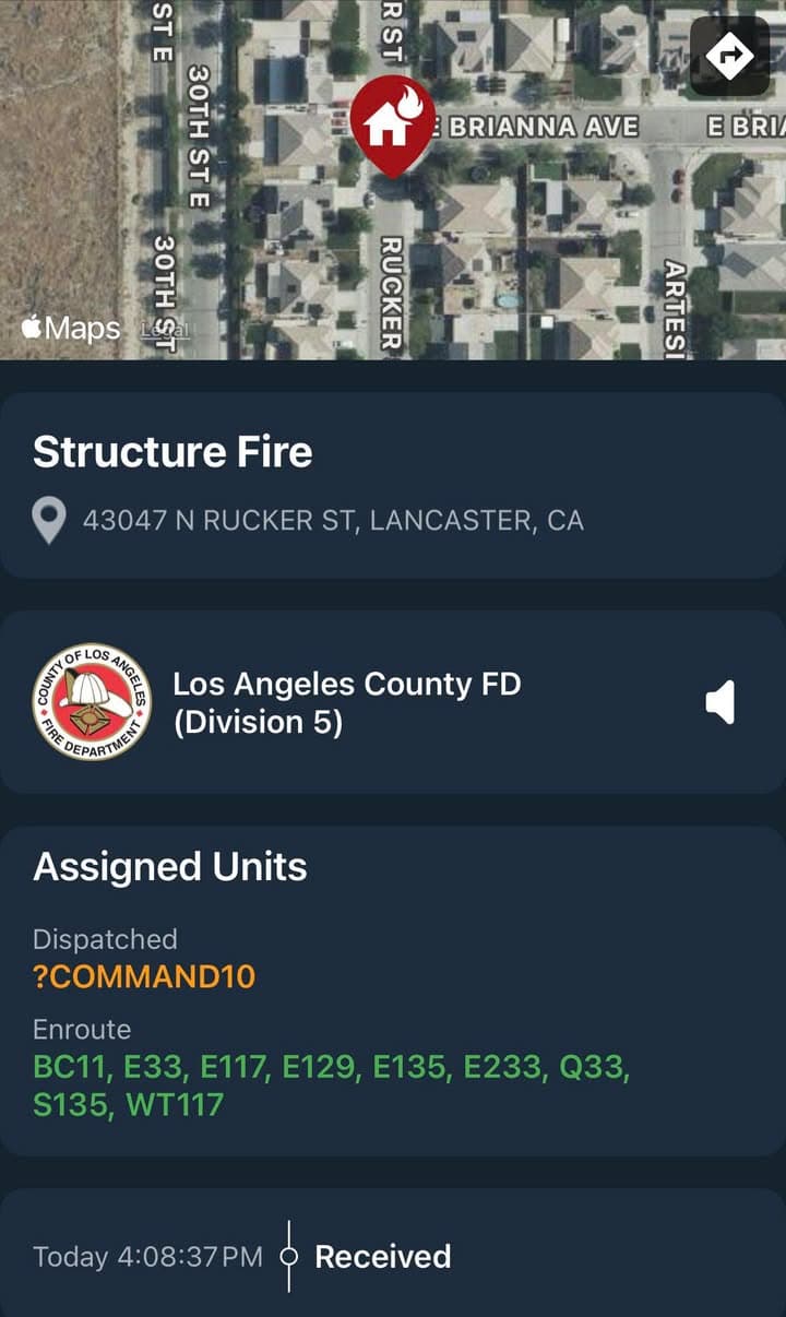 904S…43047 Rucker Street…reported structure fire…Sheriff and FD enroute code 3 UPDATE: E135...
