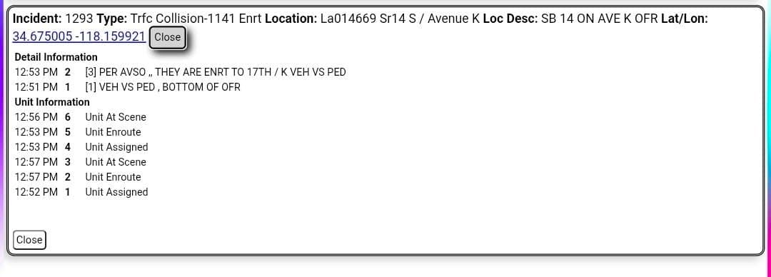 11-79.....Avenue K offramp of 14 Freeway....vehicle vs pedestrian....CHP, sheriff, and FD enroute...