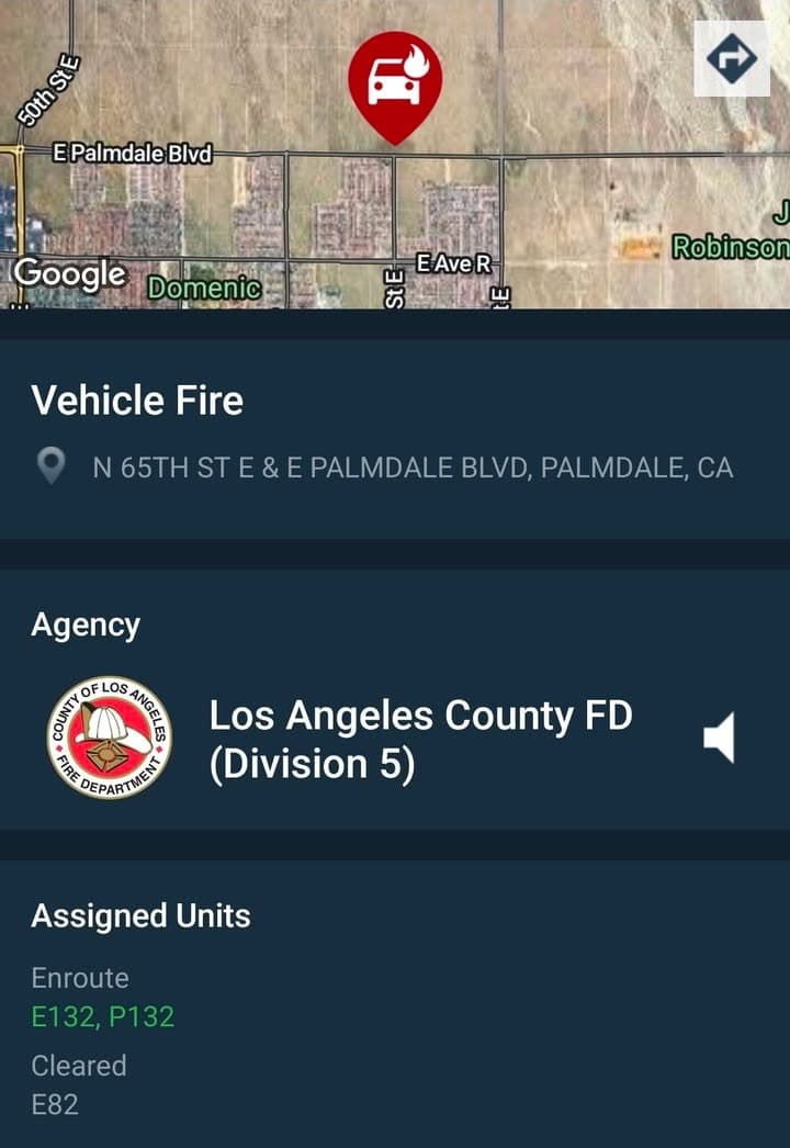 904A....65th Street East and Palmdale Boulevard....vehicle on fire....sheriff and FD enroute code...