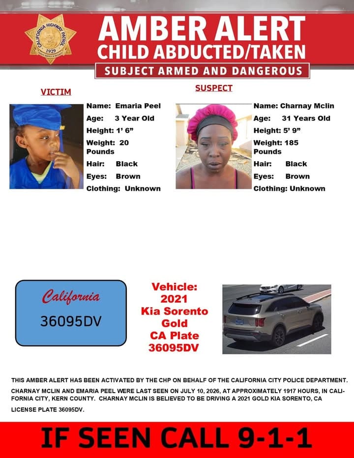 AMBER ALERT - Kern, Riverside and Los Angeles Counties Last seen: Redwood...