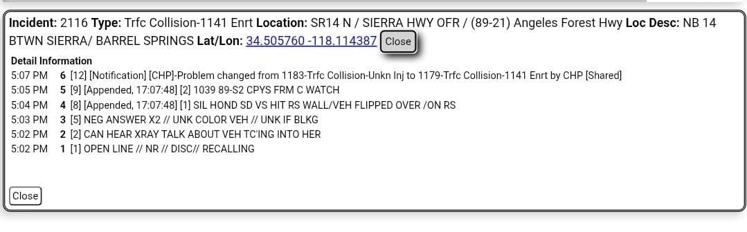 11-79....northbound 14 at Pearblossom/Sierra offramp....silver Honda hit wall then overturned....CHP and FD...