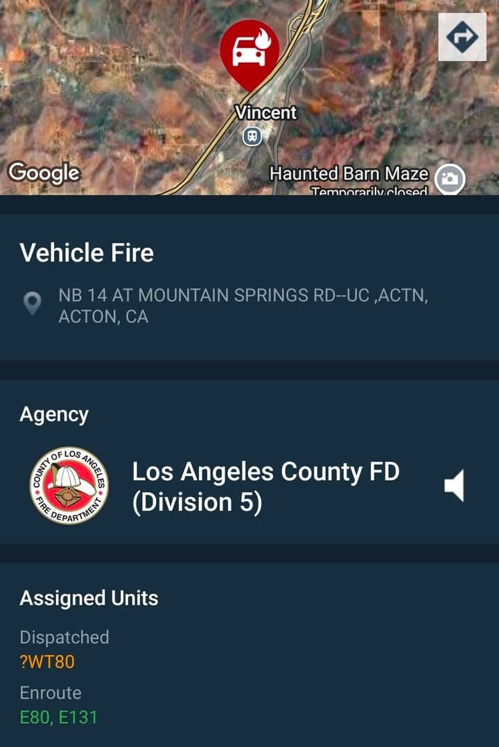 Vehicle fire...Northbound 14 at Mountain Springs....vehicle on fire....CHP and FD enroute code...