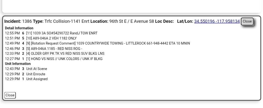 11-79...96th Street East and Avenue S-8....two vehicle collision....CHP and FD enroute code...