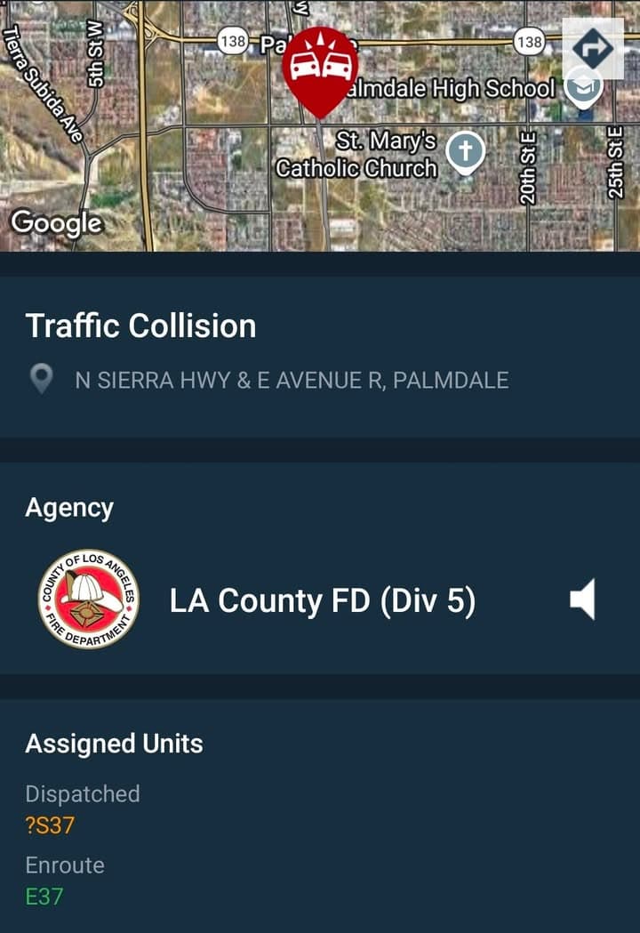 902T/902R....Sierra Highway and Avenue R....two vehicle collision, one injury reported....sheriff and FD...
